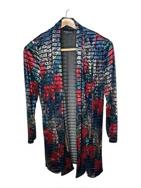 The Pyramid Collection Longline Velvet Burnout Cardigan Size Small Tree Print